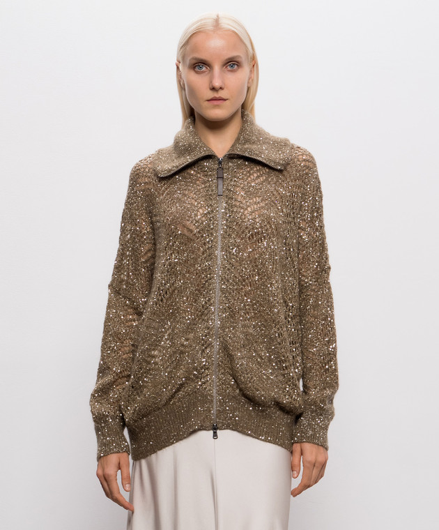 Brunello Cucinelli Ажурний кардиган кольору хакі з паєтками MRG562516 зображення 3