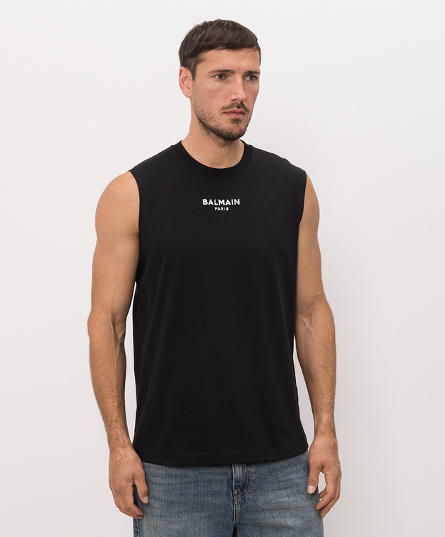 Balmain Черная майка с контрастной вышивкой HH1EC025BD10 изображение 3