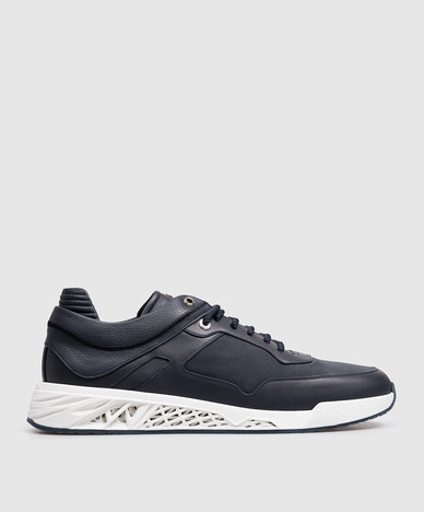 Синие кожаные кроссовки с фактурным логотипом