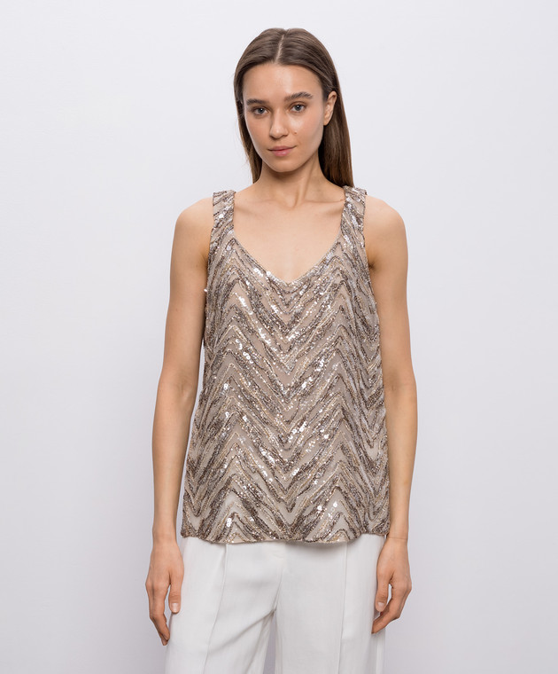 Brunello Cucinelli Бежевий топ із шовку з вишивкою та паєтками MF940HN602 зображення 3