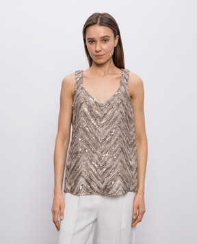 Brunello Cucinelli Бежевий топ із шовку з вишивкою та паєтками MF940HN602