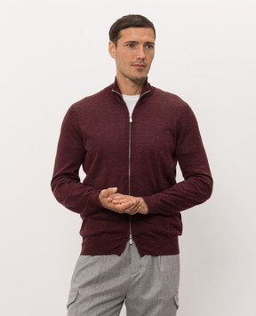 Brunello Cucinelli Бордовий меланжевий кардиган з кашеміру, шовку та льону MSY00106