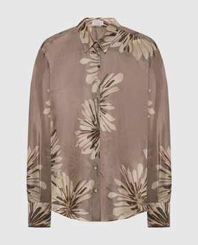 Brunello Cucinelli Блуза цвета хаки из шелка в принт MQ967RH206