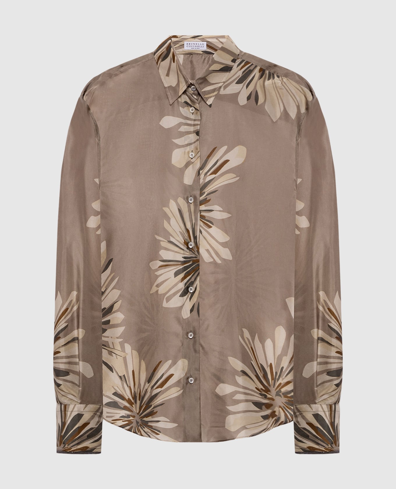 Блуза цвета хаки из шелка в принт