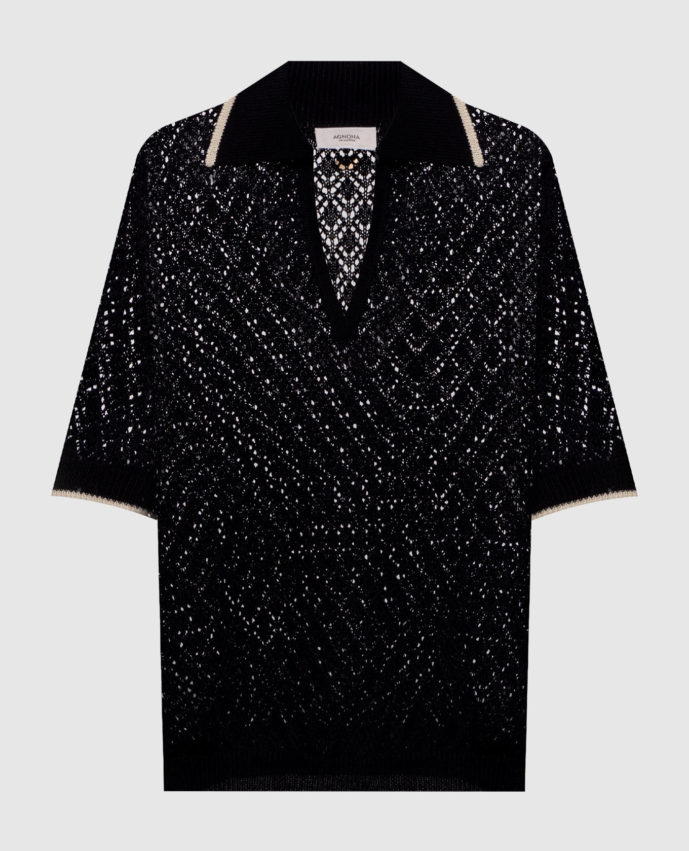 

Черный ажурный топ с воротником-поло, Топы