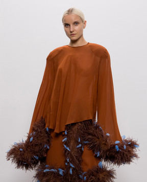 Rowen Rose Коричневая блуза с перьями страуса TOPRR499