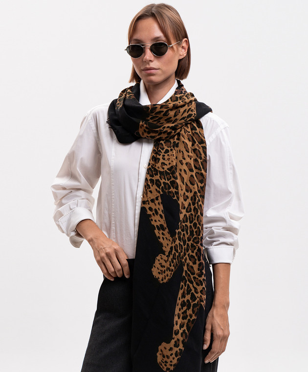 Saint Laurent Черный платок из шерсти в леопардовый узор 8362713Y200 изображение 2