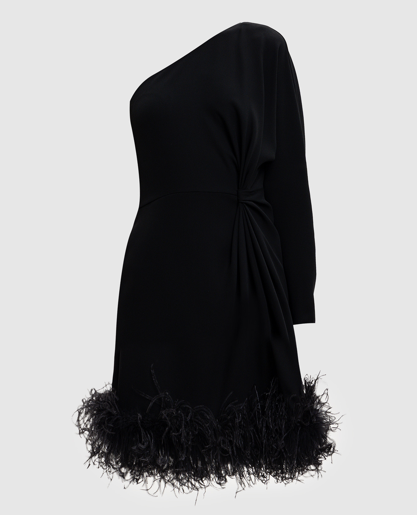 

Черное платье из шелка на одно плечо с перьями страуса, Черный, Коктейльные платья
