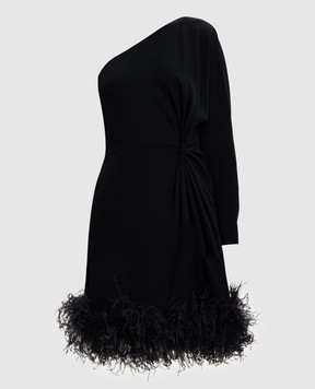Valentino Черное платье из шелка на одно плечо с перьями страуса 8B3VAJQ51MM