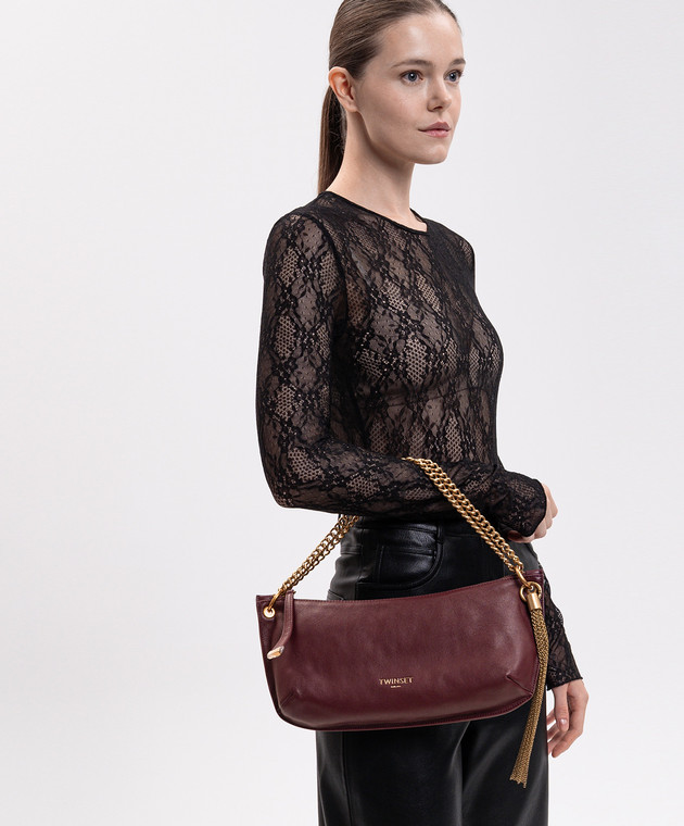 Twinset Бордовая кожаная сумка-хобо с кистью 262TD8250 изображение 2