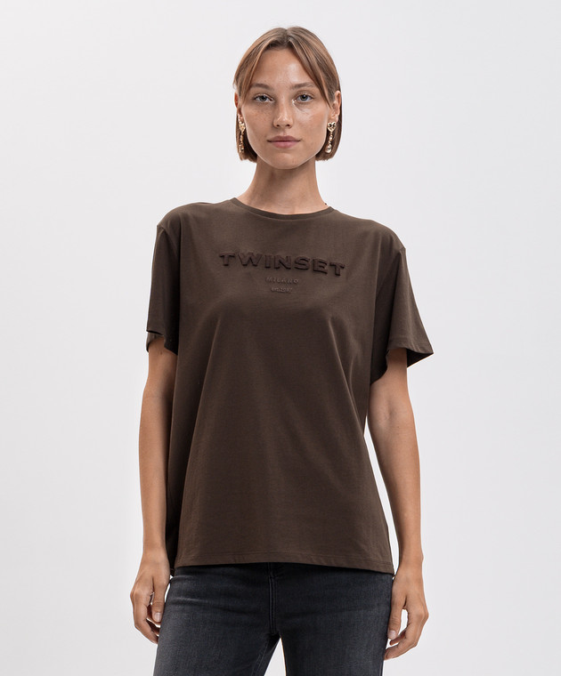 Twinset Коричневая футболка с фактурным логотипом 262TP2303 изображение 3