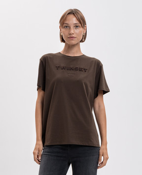 Twinset Коричневая футболка с фактурным логотипом 262TP2303