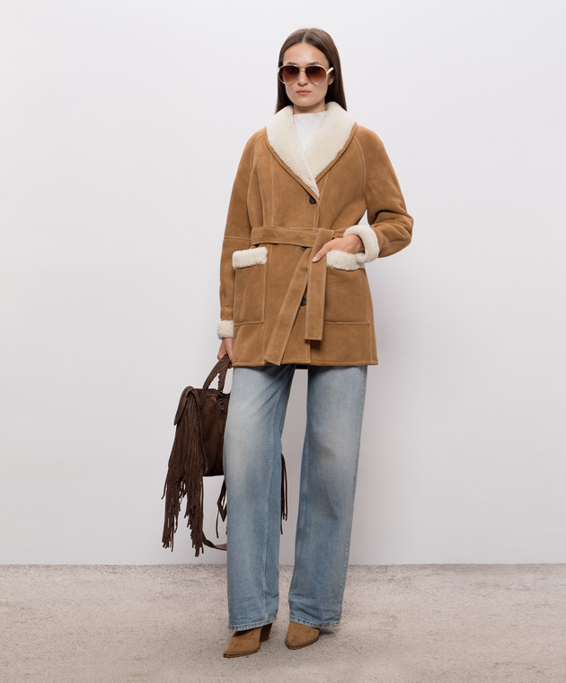 Be Florence Коричневая дубленка с поясом BE2682 изображение 2