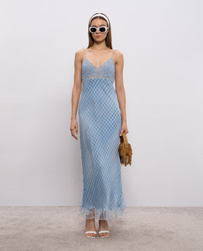 Ermanno Scervino Голубое платье из шелка в клетку с кружевом D482Q307APWIF