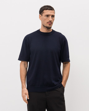 Balmain Синя футболка з вовни мериноса з логотипом GH1AL105KJ51