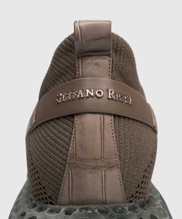 Stefano Ricci Комбинированные кроссовки с кожей крокодила цвета хаки UR88G6665TSCT изображение 5