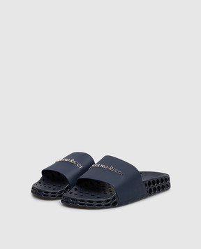 Stefano Ricci Синие кожаные слайдеры с фактурным логотипом UT50G777WY