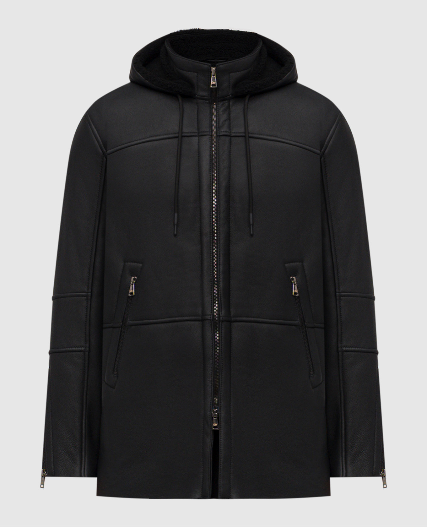 

Черная дубленка с капюшоном, Черный, Дубленки