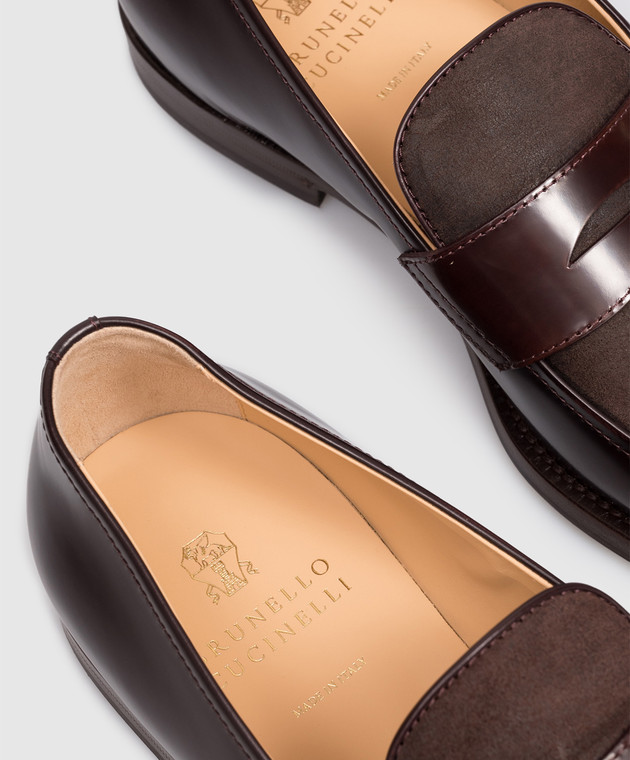 Brunello Cucinelli Коричневые кожаные глянцевые лоферы MZUFXEU678 изображение 5