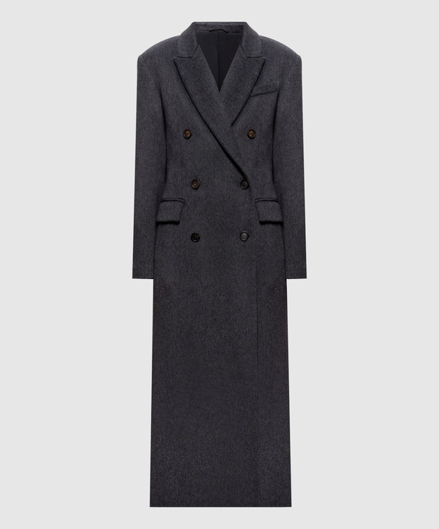 Brunello Cucinelli Серое двубортное пальто из кашемира с цепочкой мониль MD5039673