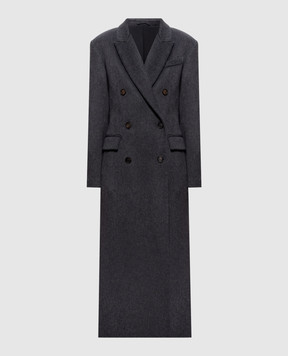 Brunello Cucinelli Серое двубортное пальто из кашемира с цепочкой мониль MD5039673