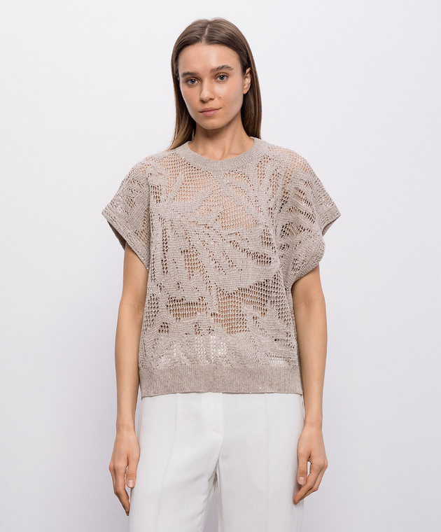 Brunello Cucinelli Бежевий топ з льону з паєтками MDT771010 зображення 3