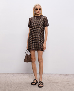 Brunello Cucinelli Коричнева ажурна сукня із шовку та льону з паєтками MCBR11A90