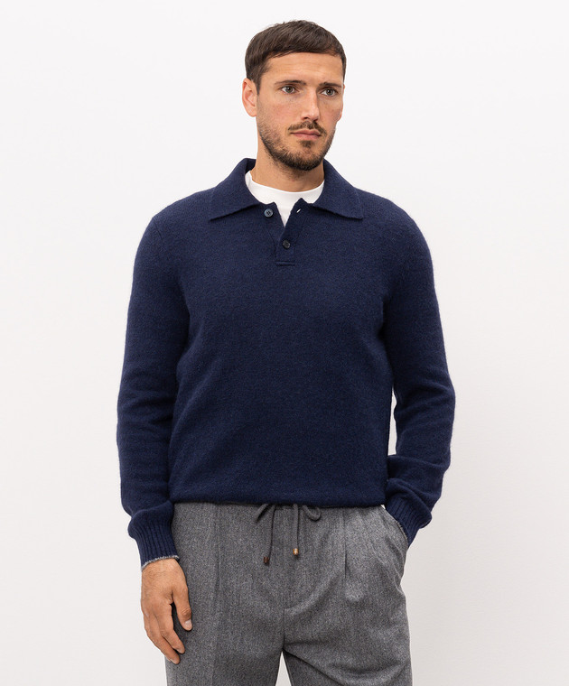 Brunello Cucinelli Синее поло с шерстью альпаки и кашемиром MTF709905 изображение 3