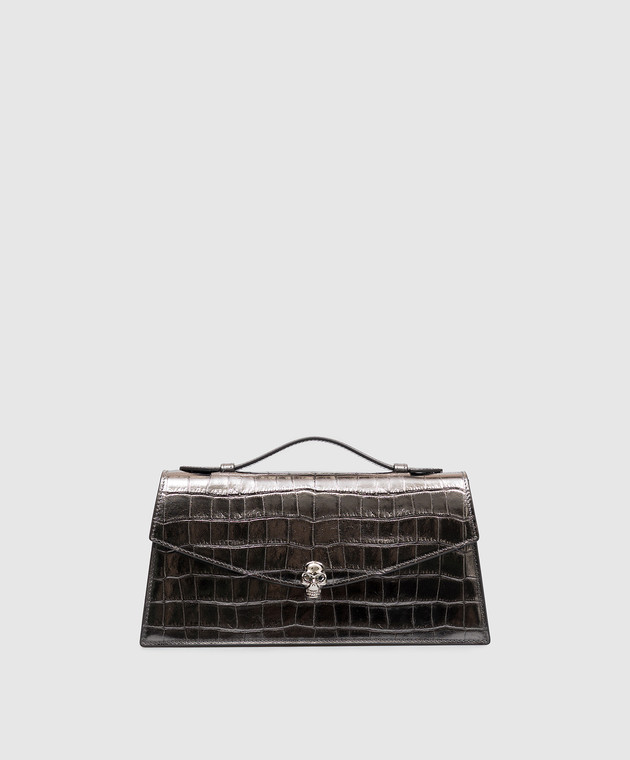 Alexander McQueen Серая кожаная сумка-трапеция с тиснением под кожу крокодила 8746191HBA3