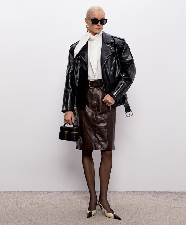 Saint Laurent Коричневая кожаная юбка с поясом 863811YCVD2 изображение 2