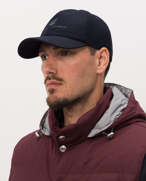 Brunello Cucinelli Синя кепка з вовни з вишивкою емблеми та логотипа M038P9850