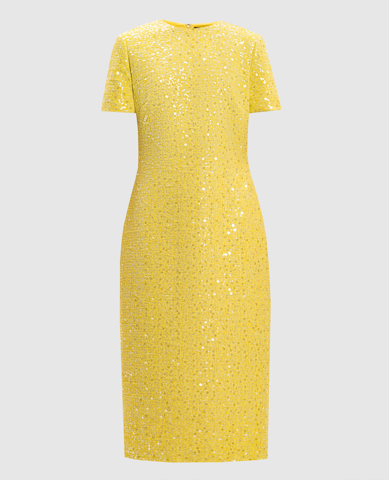 Желтое твидовое платье-футляр в пайетке