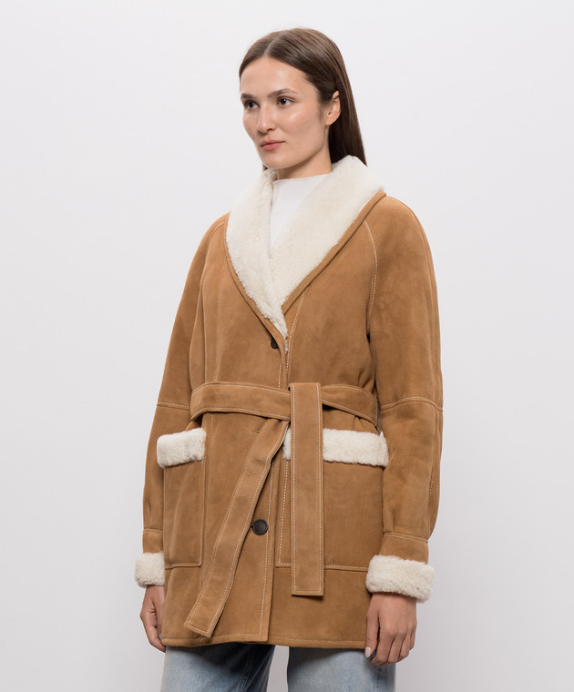 Be Florence Коричневая дубленка с поясом BE2682 изображение 3