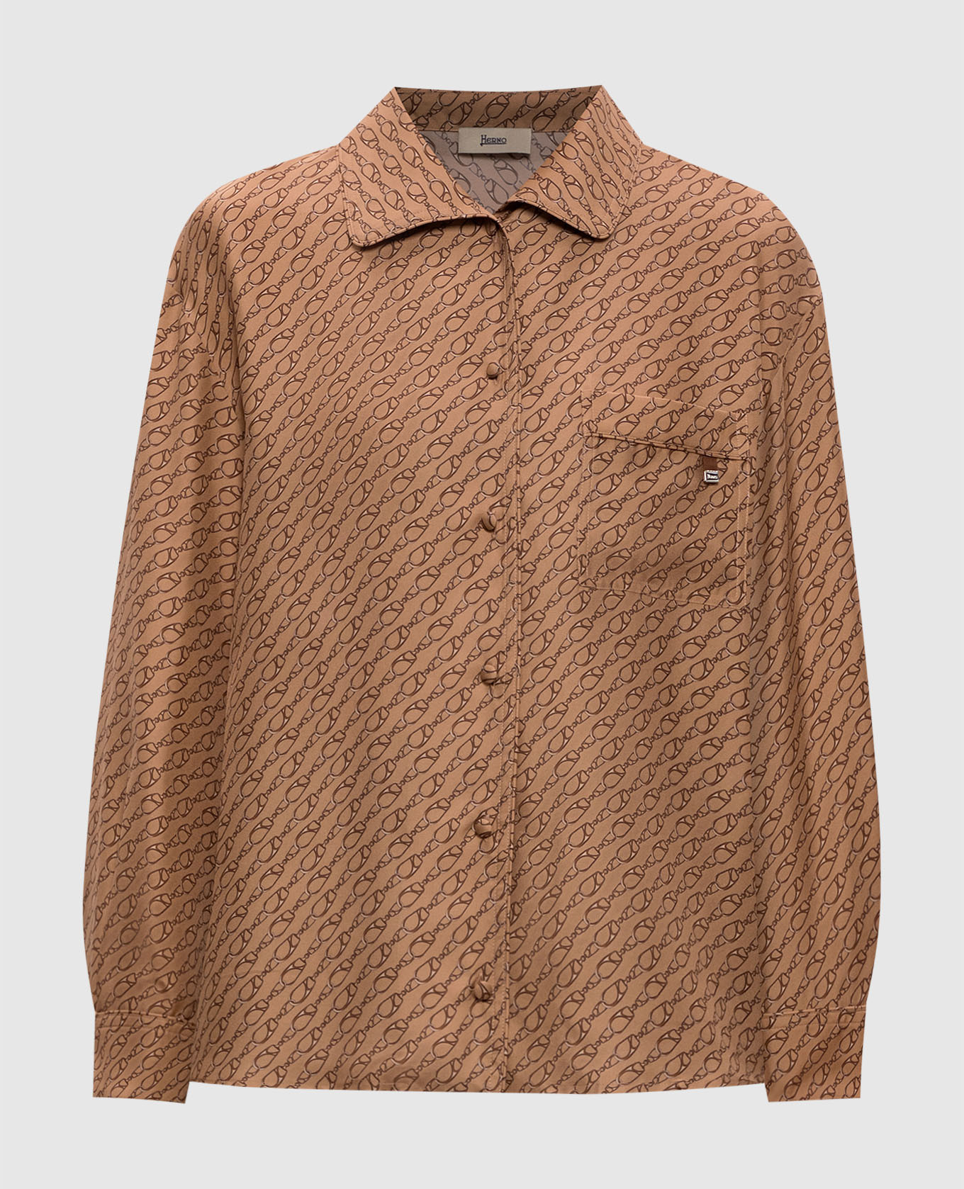 Коричневая блуза из шелка в брендовый принт