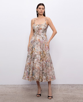 Nissa Бежевое платье миди из льна и шелка RC16502