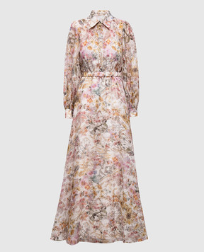 Nissa Бежевое платье из льна и шелка в цветочный принт RC16550