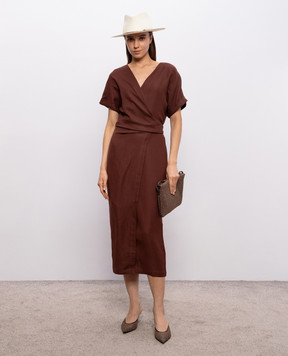 Brunello Cucinelli Коричневое платье на запах со льном MH126AHG41