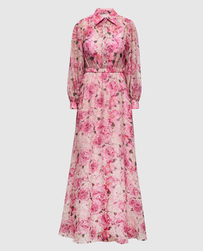 Nissa Розовое платье из льна и шелка в цветочный принт RC16551