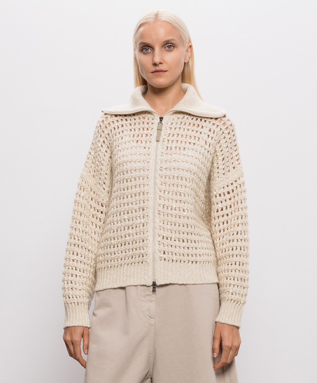 Brunello Cucinelli Бежевий ажурний кардиган з паєтками MGO378806 зображення 3