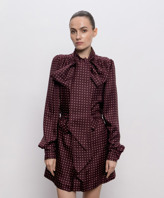Saint Laurent Бордовое платье-рубашка из шелка в геометрическом принте 870951Y6K08 изображение 3