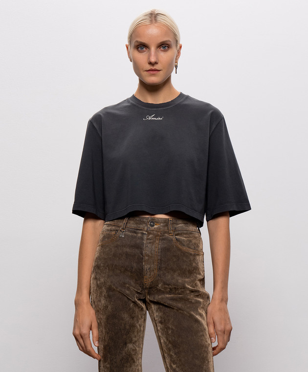 AMIRI Серая укороченная футболка с вышивкой логотипа AW426JR014 изображение 3