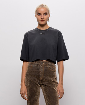 AMIRI Сіра укорочена футболка з вишивкою логотипа AW426JR014