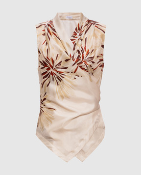 Brunello Cucinelli Бежева блуза із шовку в принт MQ967EG906