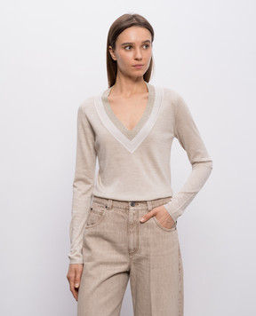 Brunello Cucinelli Бежевий пуловер з кашеміру та шовку з люрексом M13836722