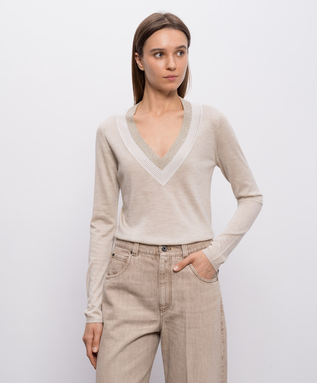 Brunello Cucinelli Бежевий пуловер з кашеміру та шовку з люрексом M13836722 зображення 3