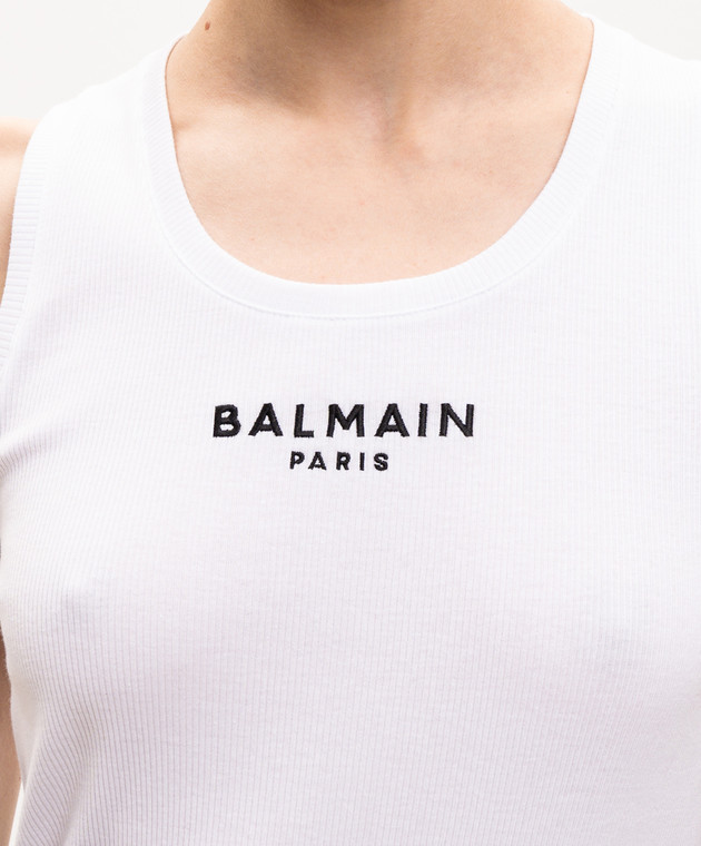 Balmain Белая майка в рубчике с вышивкой логотипа HF1EB075BD10 изображение 5