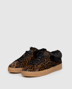 Santoni Коричневі шкіряні кеди в анімалістичний принт з хутром норки WBGT61443FARPAVN