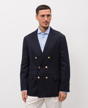 Brunello Cucinelli Синий двубортный пиджак из шелка и льна MR4787BPDG