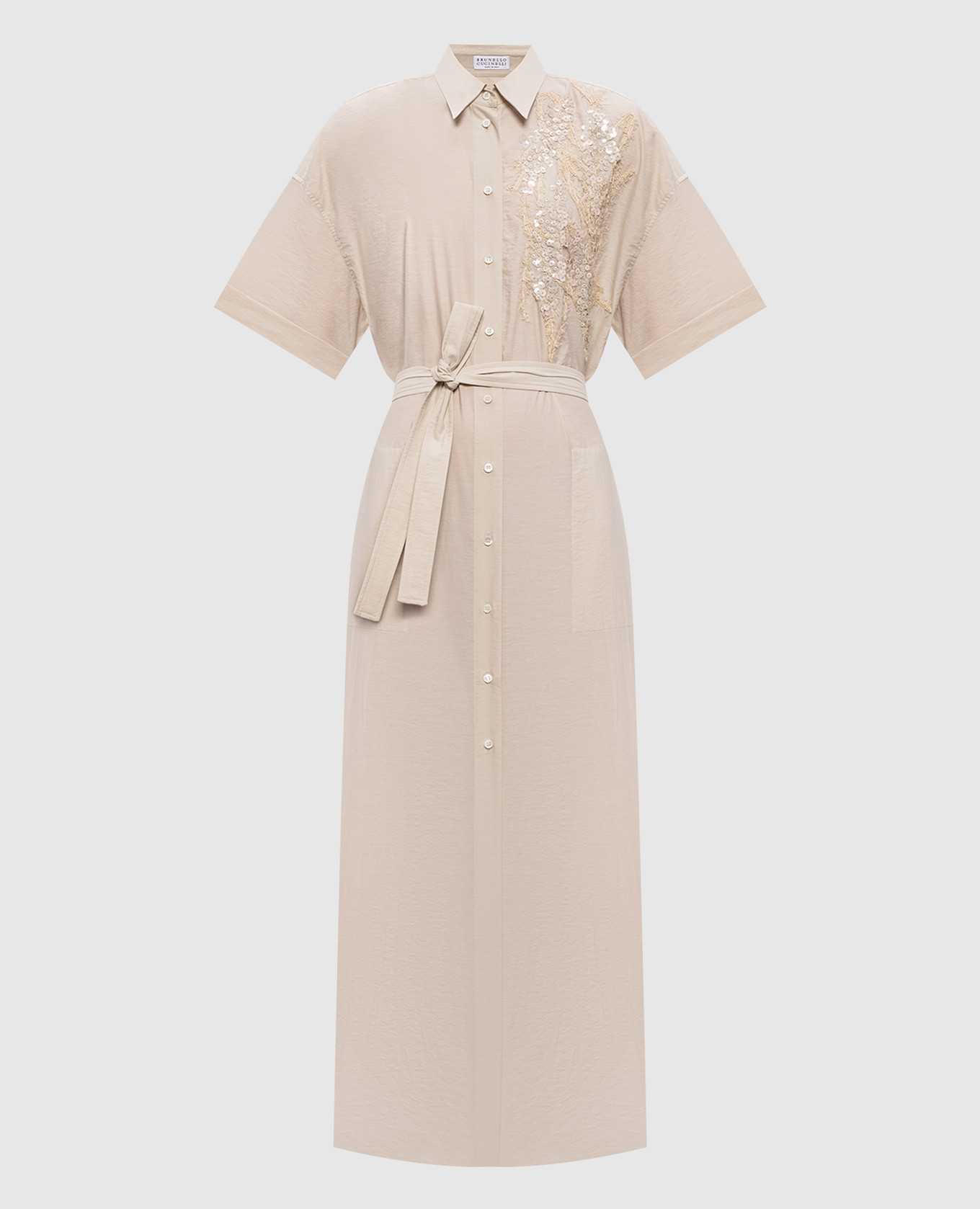 Платье-рубашка цвета айвори с вышивкой и пайетками