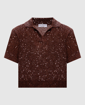 Brunello Cucinelli Коричневый топ из льна, кашемира и шелка в пайетке MDJ547605